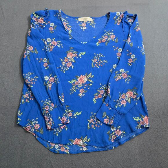 LOFT Tops - LOFT Top Women L Blue Floral Long Sleeve Career Office Preppy Romantic Whimsy